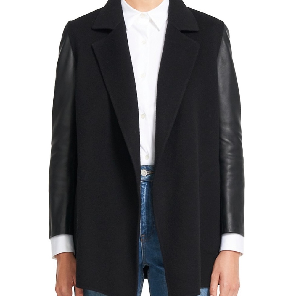 Theory black wool coat with leather sleeves
